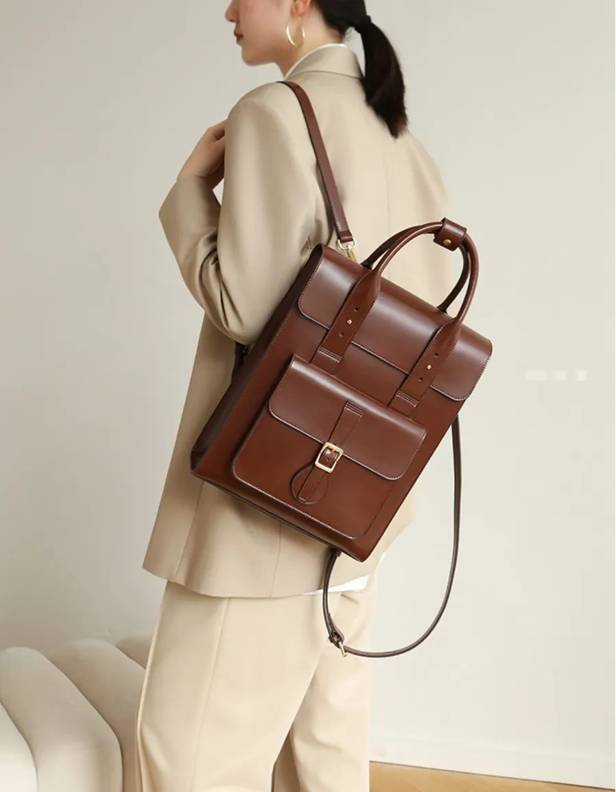 Black Large Laptop Briefcase Leather Backpack