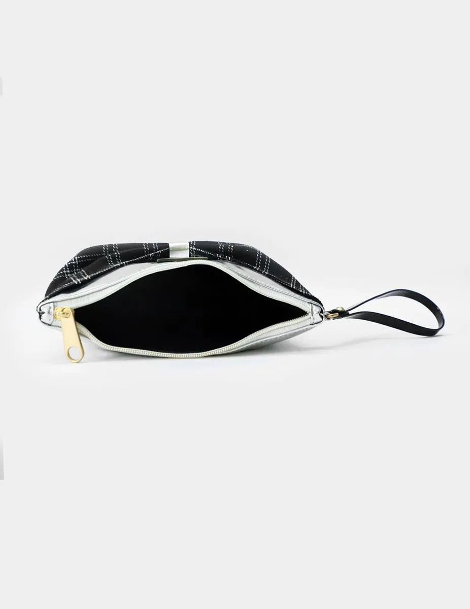 Bow Checks Silver Black Cosmetics Makeup Pouch | Modern Myth