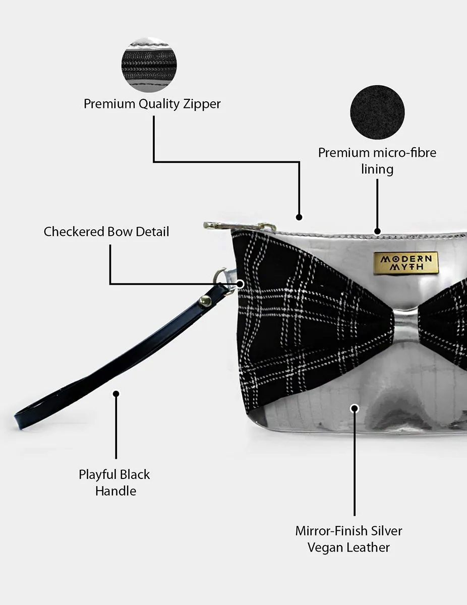 Bow Checks Silver Black Cosmetics Makeup Pouch | Modern Myth