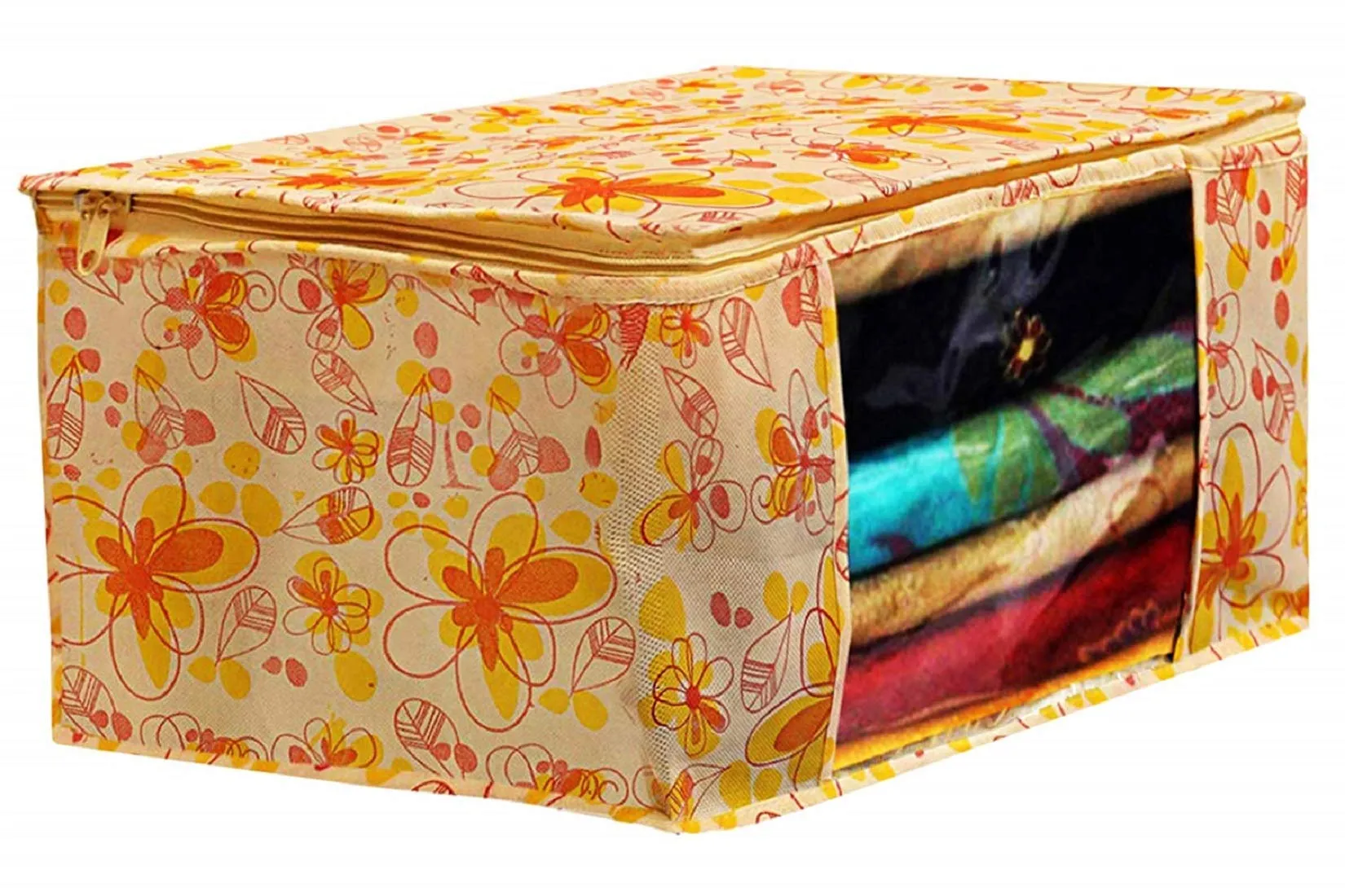 Kuber Industries Flower Printed Non Woven 3 Pieces Saree Cover and 3 Pieces Underbed Storage Bag, Cloth Organizer for Storage, Blanket Cover Combo Set (Ivory & Red) -CTKTC038635
