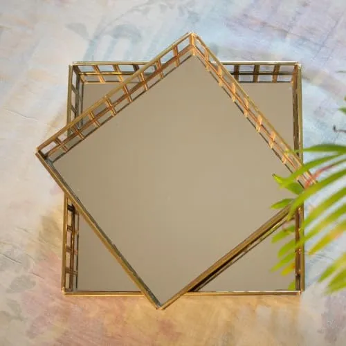 Mirror Princess Tray for Home Decor with Brass and Mirror Base Size –Small with Gold Colour Combo Pack of 2