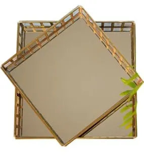 Mirror Princess Tray for Home Decor with Brass and Mirror Base Size –Small with Gold Colour Combo Pack of 2