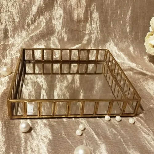 Mirror Princess Tray for Home Decor with Brass and Mirror Base Size –Small with Gold Colour Combo Pack of 2