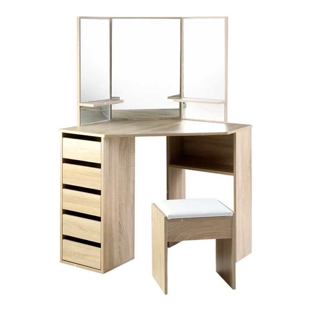Oak Dressing Table Set w/ 5 Drawers, Stool & Mirror Artiss