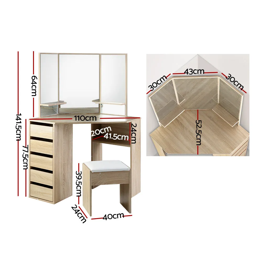 Oak Dressing Table Set w/ 5 Drawers, Stool & Mirror Artiss