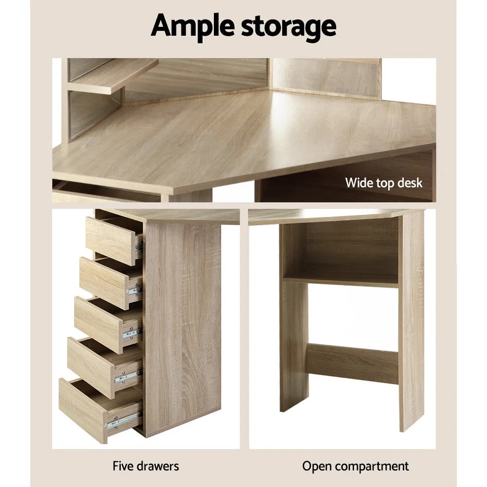 Oak Dressing Table Set w/ 5 Drawers, Stool & Mirror Artiss