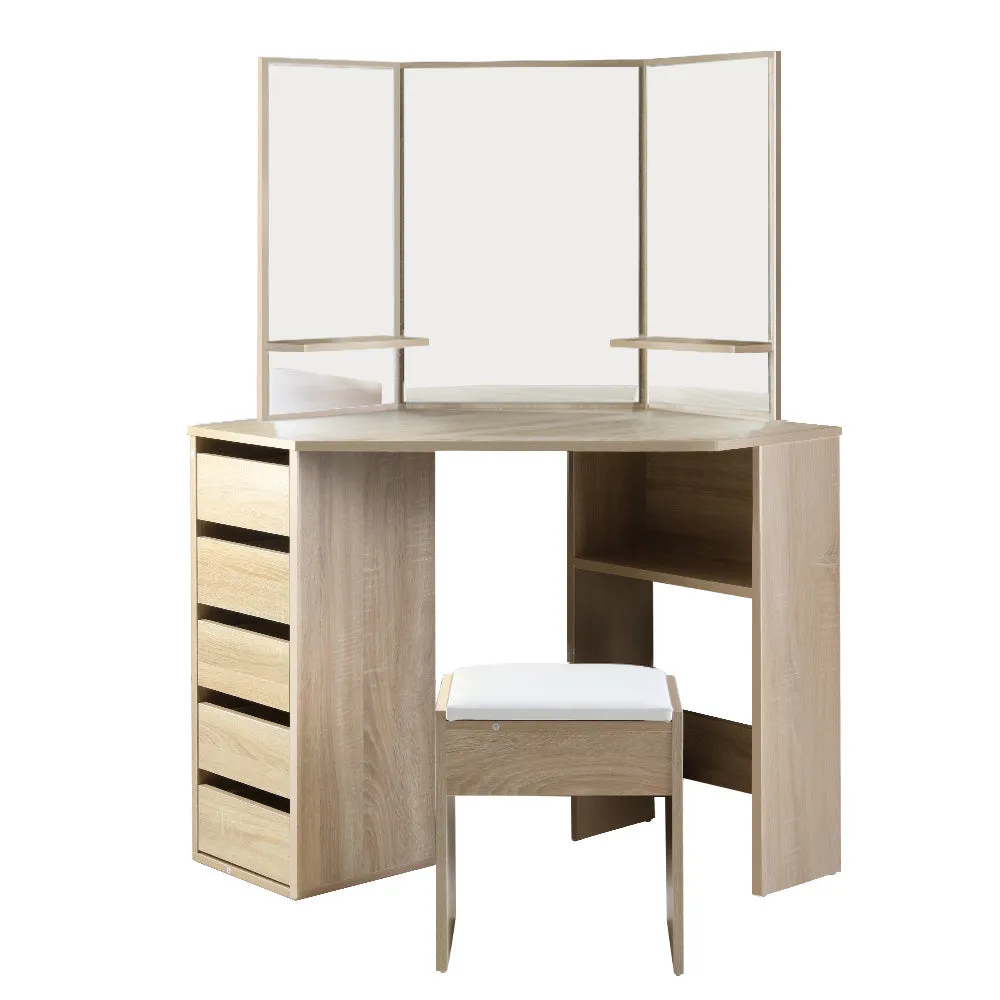 Oak Dressing Table Set w/ 5 Drawers, Stool & Mirror Artiss