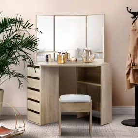 Oak Dressing Table Set w/ 5 Drawers, Stool & Mirror Artiss