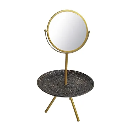 Pinakine Tabletop Vanity Mirror with Wood Storage Tray Women Gift for Dresser Bedroom Gold|Health & Beauty | Makeup | Makeup Tools & Accessories | Makeup Mirrors(53088077PNK)
