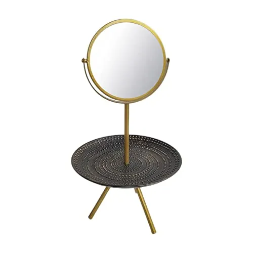 Pinakine Tabletop Vanity Mirror with Wood Storage Tray Women Gift for Dresser Bedroom Gold|Health & Beauty | Makeup | Makeup Tools & Accessories | Makeup Mirrors(53088077PNK)