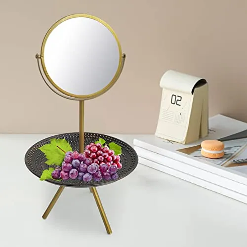 Pinakine Tabletop Vanity Mirror with Wood Storage Tray Women Gift for Dresser Bedroom Gold|Health & Beauty | Makeup | Makeup Tools & Accessories | Makeup Mirrors(53088077PNK)