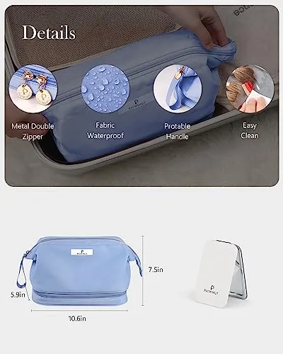 Pocmimut Makeup Bag,Cosmetic Bag for Women Travel Makeup Bag for Girls Large Double Layers Make Up Brush Bags Toiletry Bag for Women(Baby Blue)