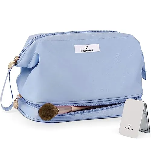 Pocmimut Makeup Bag,Cosmetic Bag for Women Travel Makeup Bag for Girls Large Double Layers Make Up Brush Bags Toiletry Bag for Women(Baby Blue)
