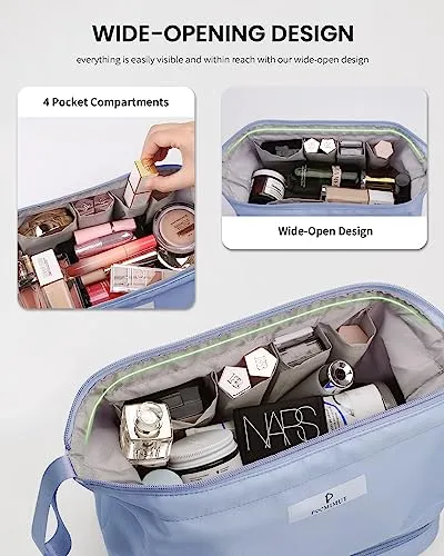 Pocmimut Makeup Bag,Cosmetic Bag for Women Travel Makeup Bag for Girls Large Double Layers Make Up Brush Bags Toiletry Bag for Women(Baby Blue)