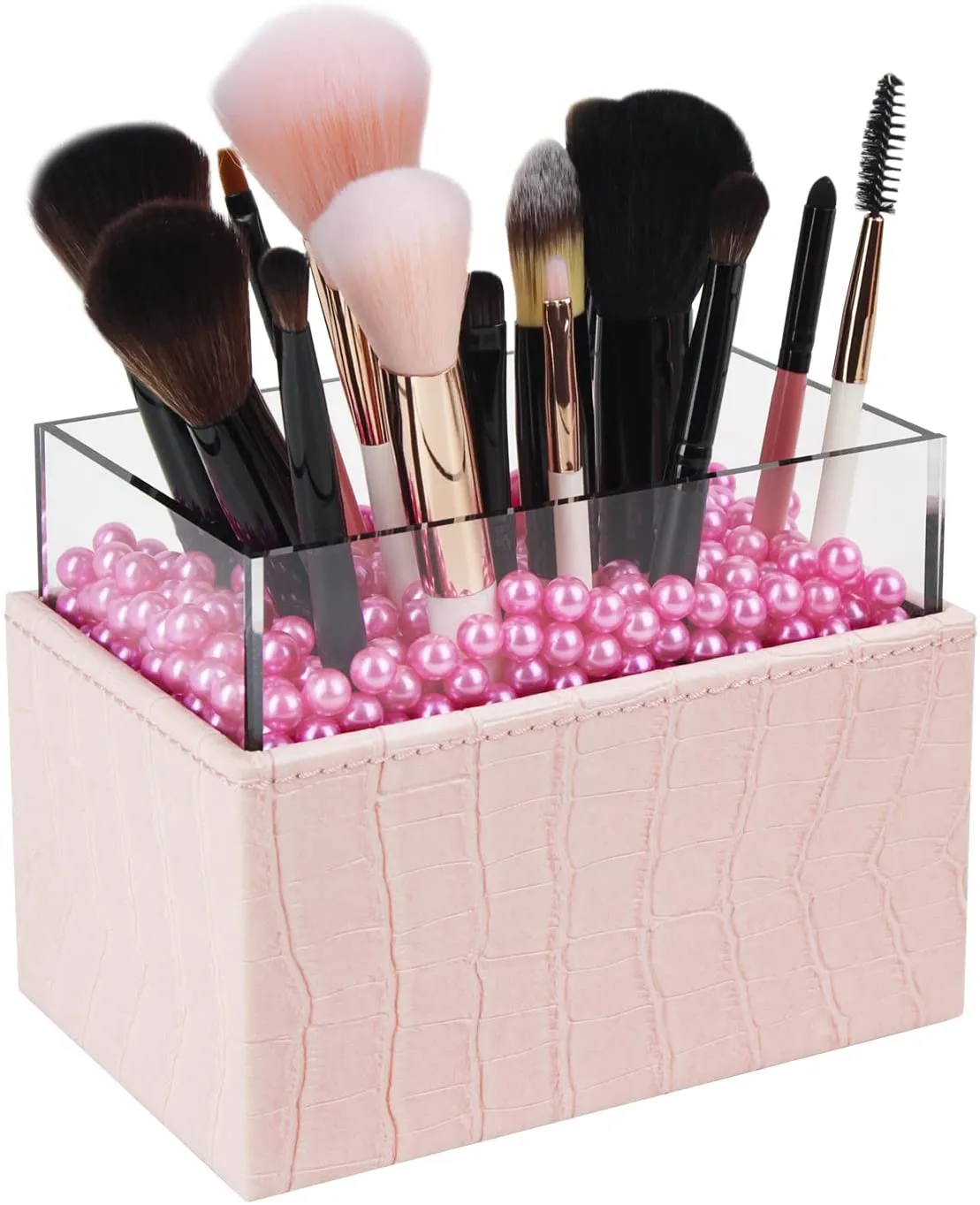 Premium Acrylic Leather Makeup Brush Storage with Pearls