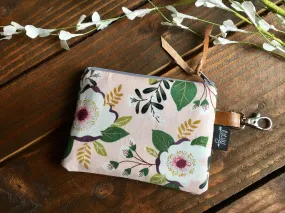 SALE - Blush Blooms with Vegan Leather and Key Clip - Zippered Clutch /  Coin Pouch / Change Purse