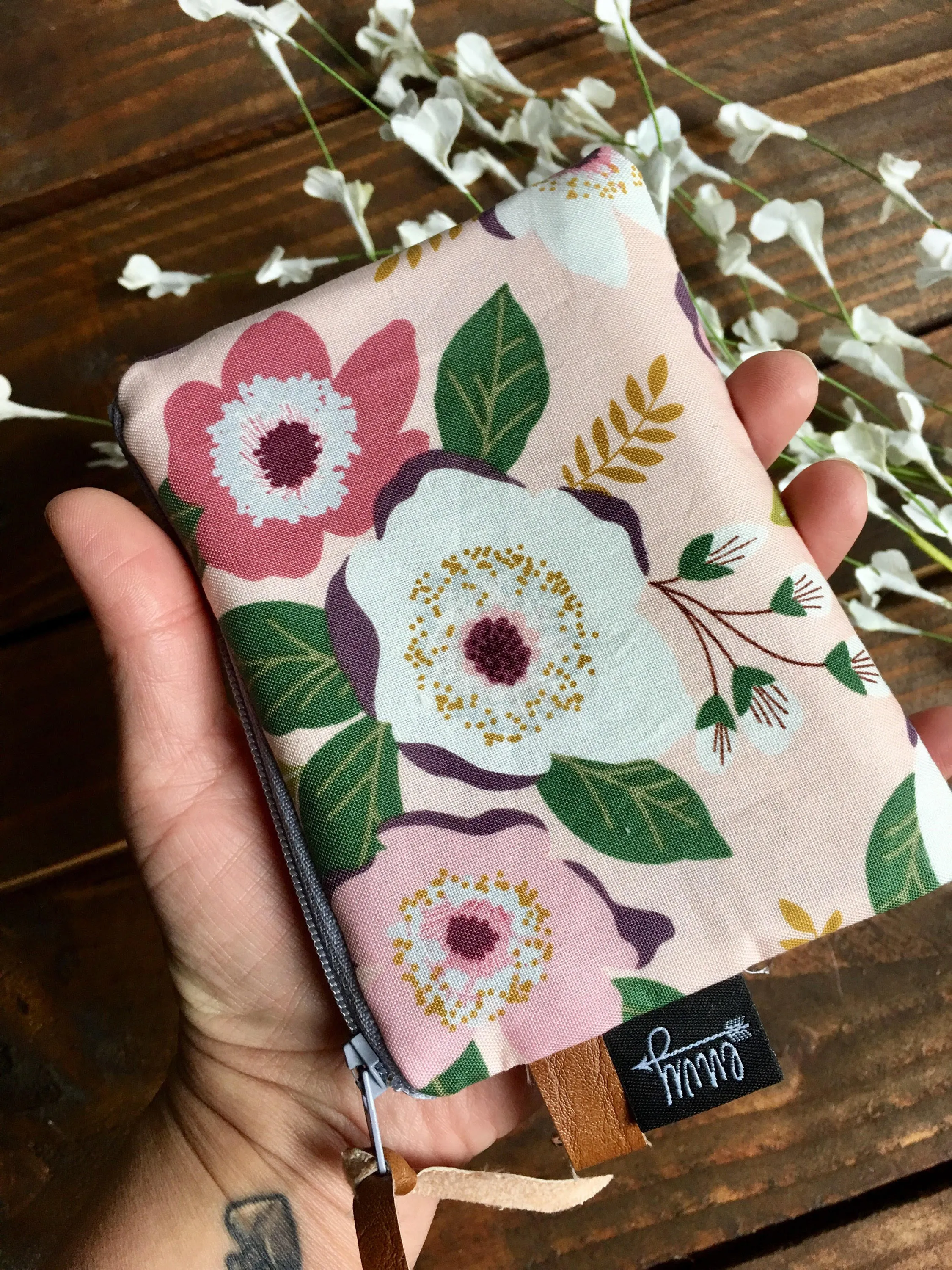 SALE - Blush Blooms with Vegan Leather and Key Clip - Zippered Clutch /  Coin Pouch / Change Purse