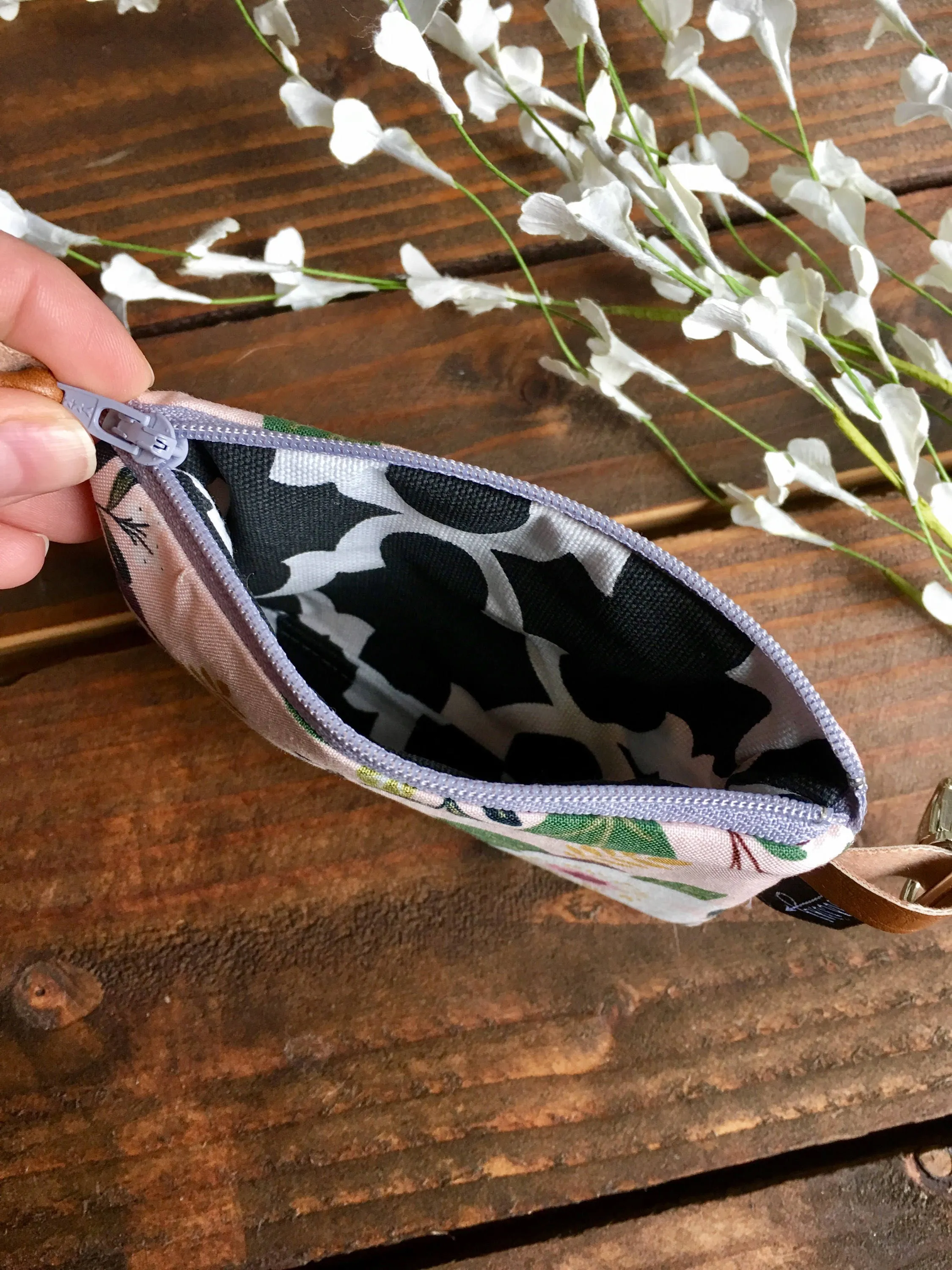 SALE - Blush Blooms with Vegan Leather and Key Clip - Zippered Clutch /  Coin Pouch / Change Purse