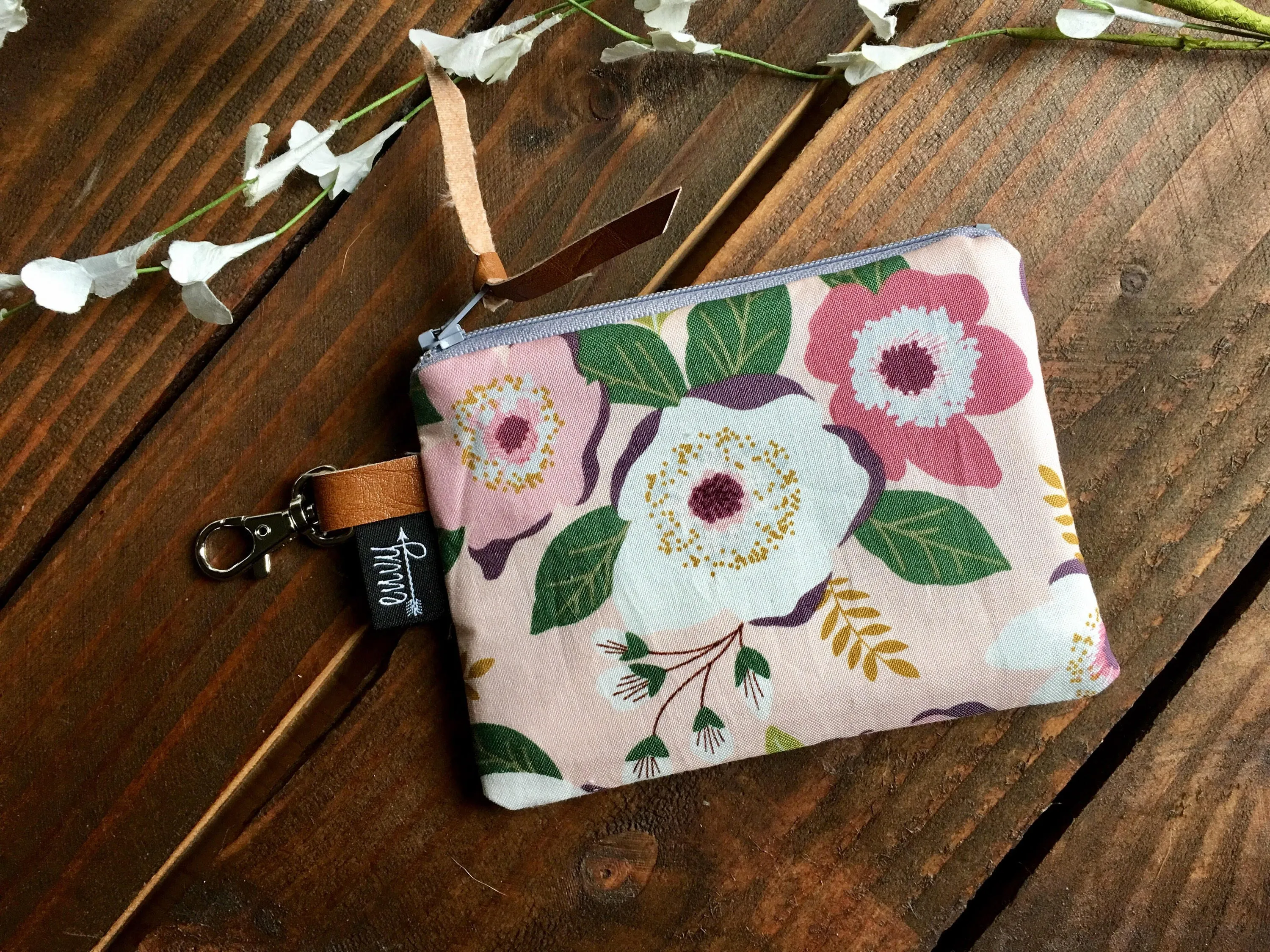 SALE - Blush Blooms with Vegan Leather and Key Clip - Zippered Clutch /  Coin Pouch / Change Purse