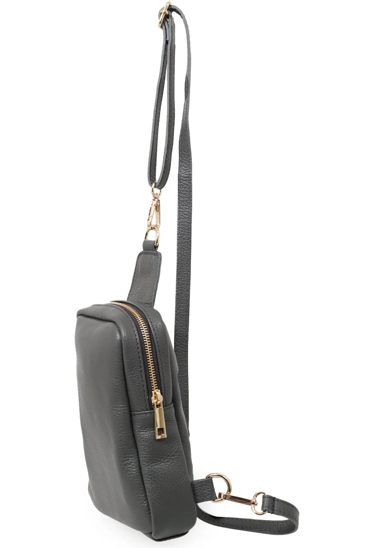 Tara - Italian Leather Sling Bag - Dark Grey, Pebbled