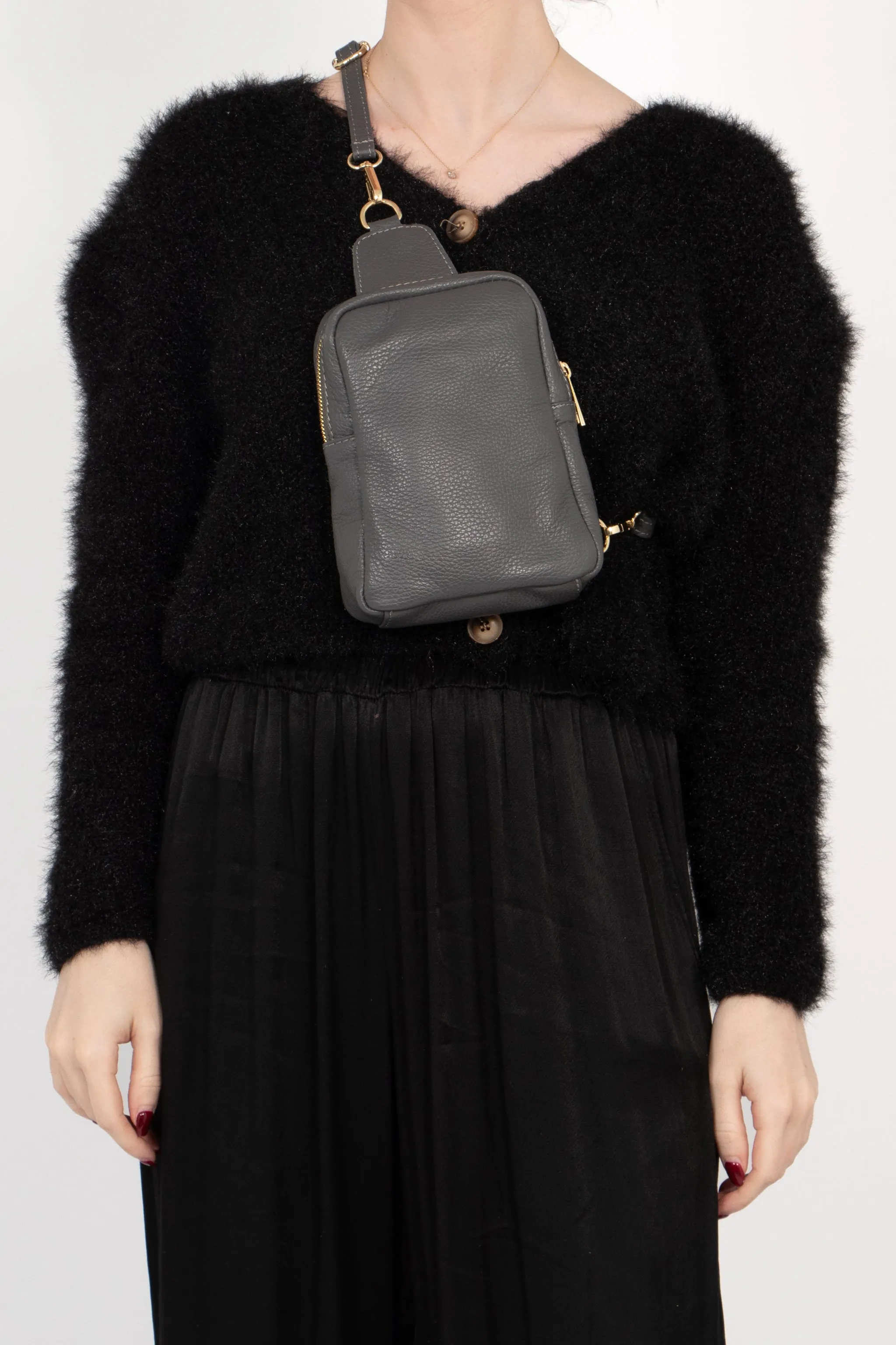 Tara - Italian Leather Sling Bag - Dark Grey, Pebbled