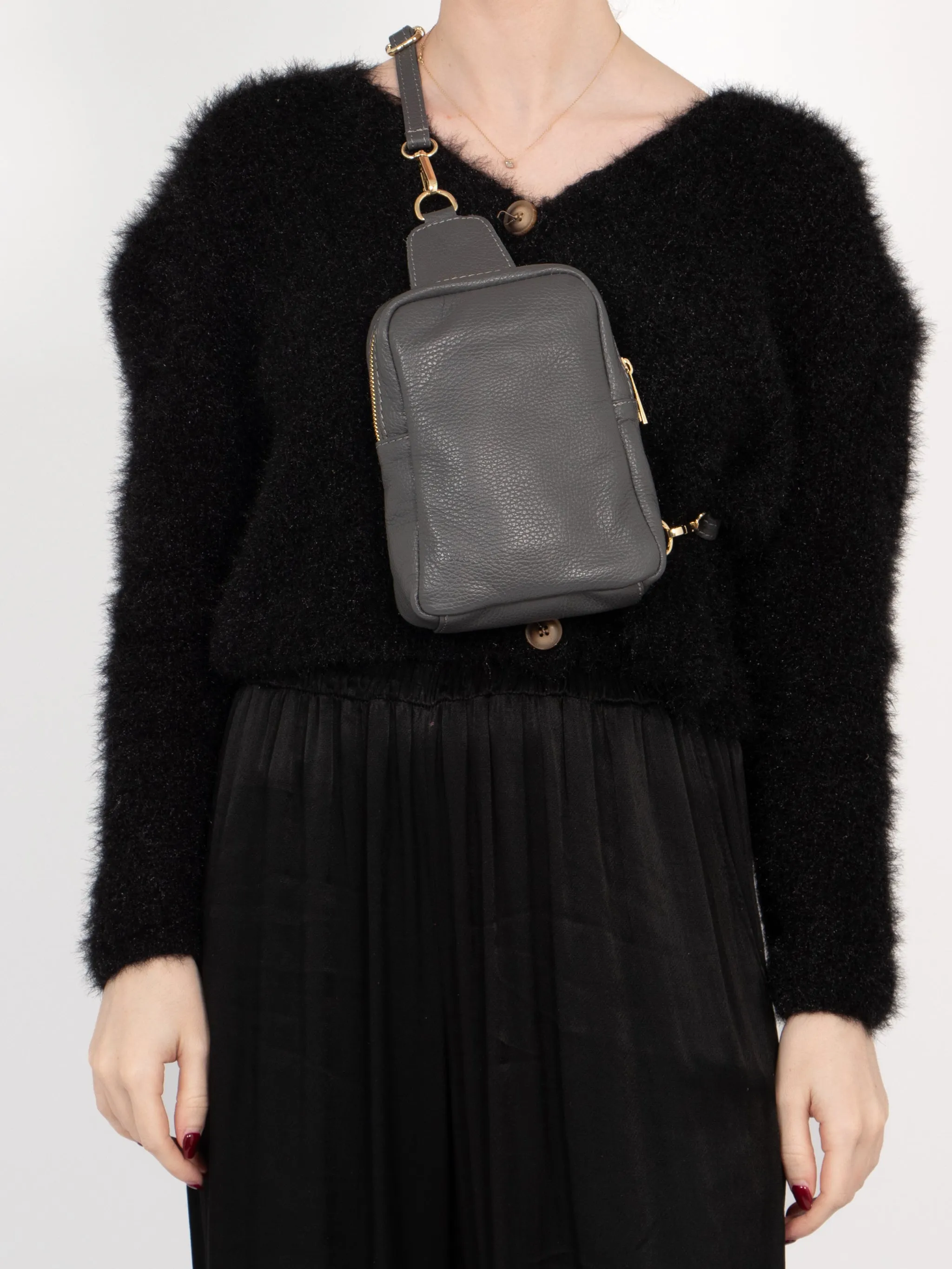 Tara - Italian Leather Sling Bag - Dark Grey, Pebbled