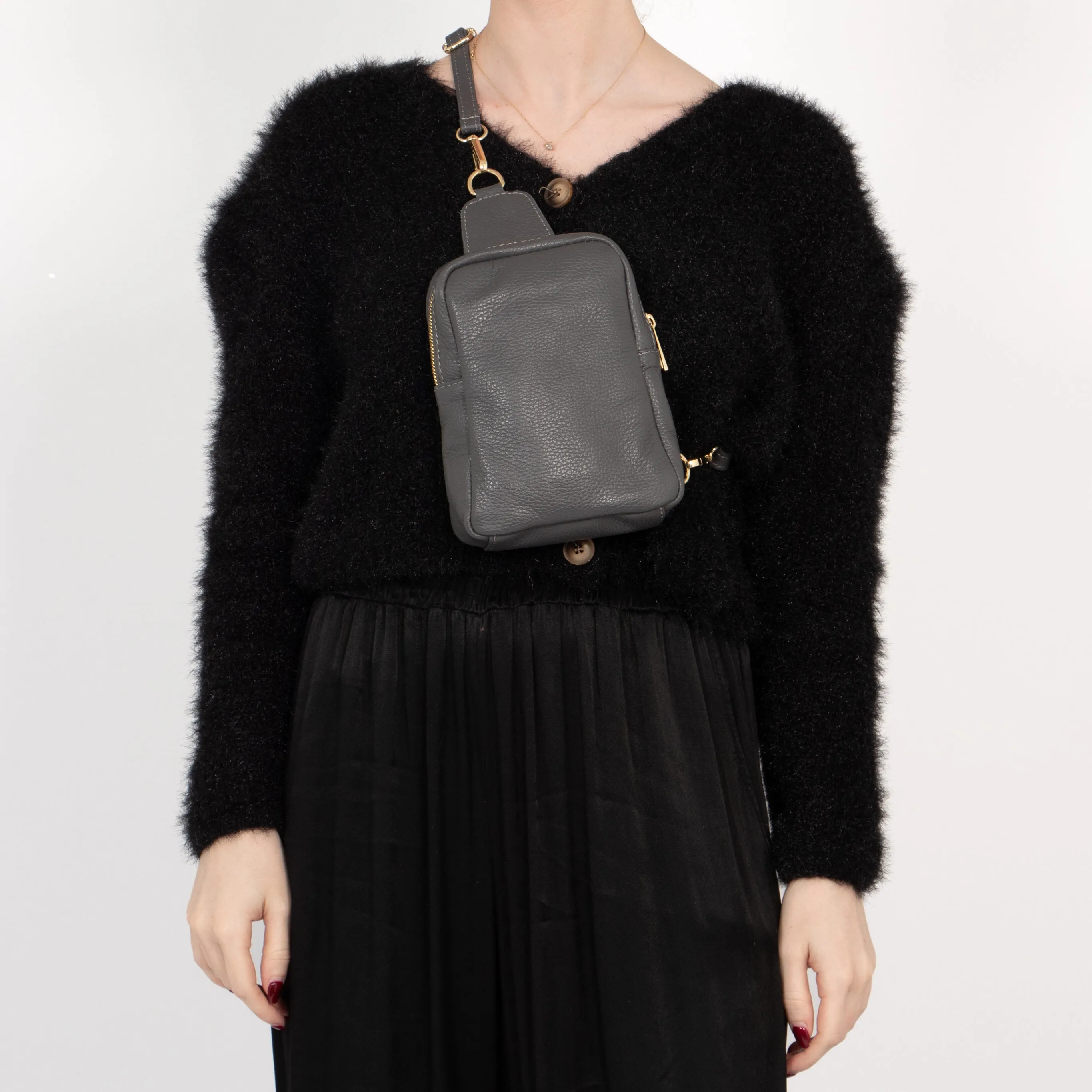 Tara - Italian Leather Sling Bag - Dark Grey, Pebbled