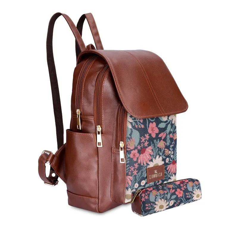 THE CLOWNFISH Combo Of Minerva Faux Leather & Tapestry Women's Backpack College School Girls Bag Casual Travel Backpack For Ladies & Expert Series Pencil Pouch Pen Case (Purple-Floral), 10 Litres