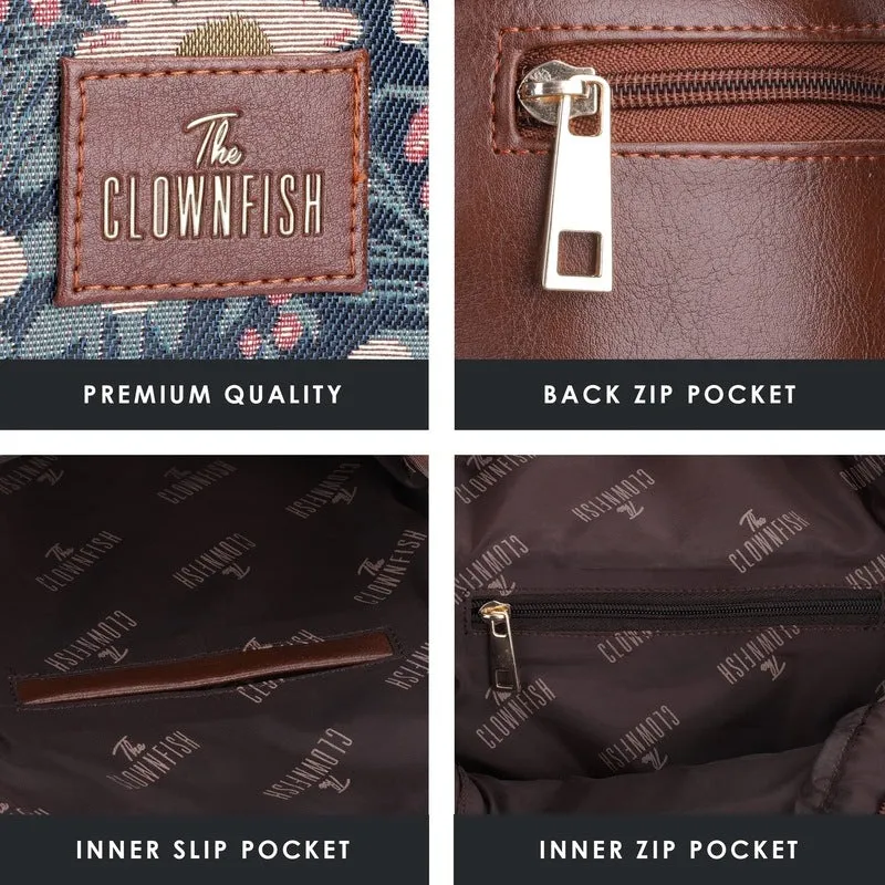 THE CLOWNFISH Combo Of Minerva Faux Leather & Tapestry Women's Backpack College School Girls Bag Casual Travel Backpack For Ladies & Expert Series Pencil Pouch Pen Case (Purple-Floral), 10 Litres