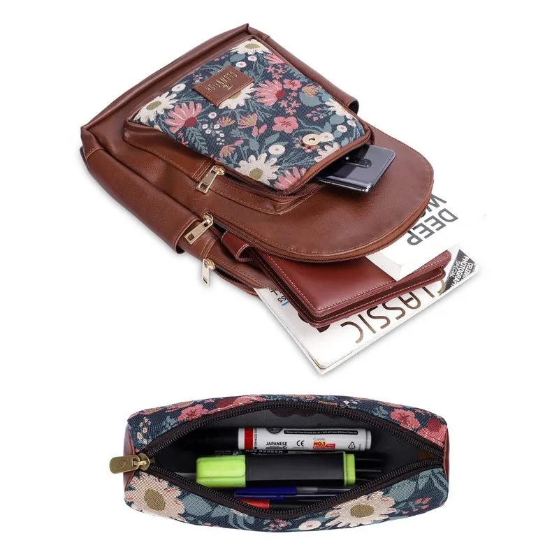THE CLOWNFISH Combo Of Minerva Faux Leather & Tapestry Women's Backpack College School Girls Bag Casual Travel Backpack For Ladies & Expert Series Pencil Pouch Pen Case (Purple-Floral), 10 Litres