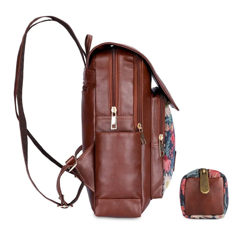 THE CLOWNFISH Combo Of Minerva Faux Leather & Tapestry Women's Backpack College School Girls Bag Casual Travel Backpack For Ladies & Expert Series Pencil Pouch Pen Case (Purple-Floral), 10 Litres