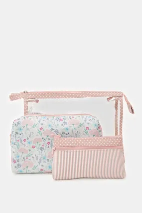 Women Pink Floral Cosmetic Pouch Set (Pack of 3)
