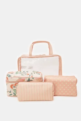 Women Pink Floral Print Cosmetic Pouch Set (4 Piece)