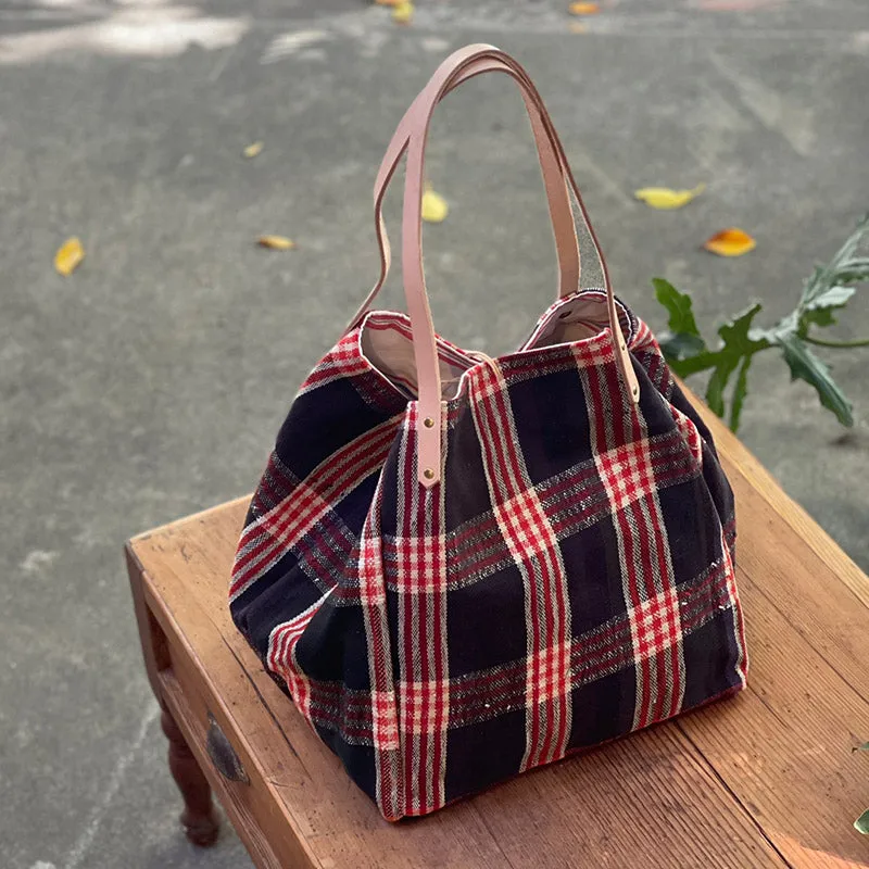 西班牙設計師/Woven Cotton Tote Bag - Red Plaid