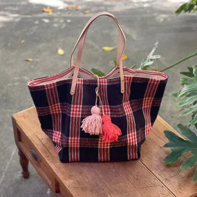 西班牙設計師/Woven Cotton Tote Bag - Red Plaid