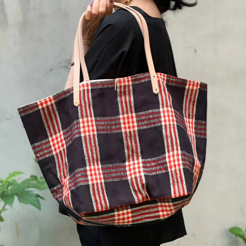 西班牙設計師/Woven Cotton Tote Bag - Red Plaid