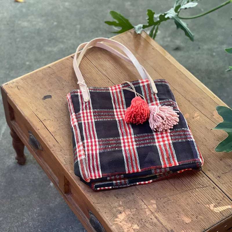 西班牙設計師/Woven Cotton Tote Bag - Red Plaid