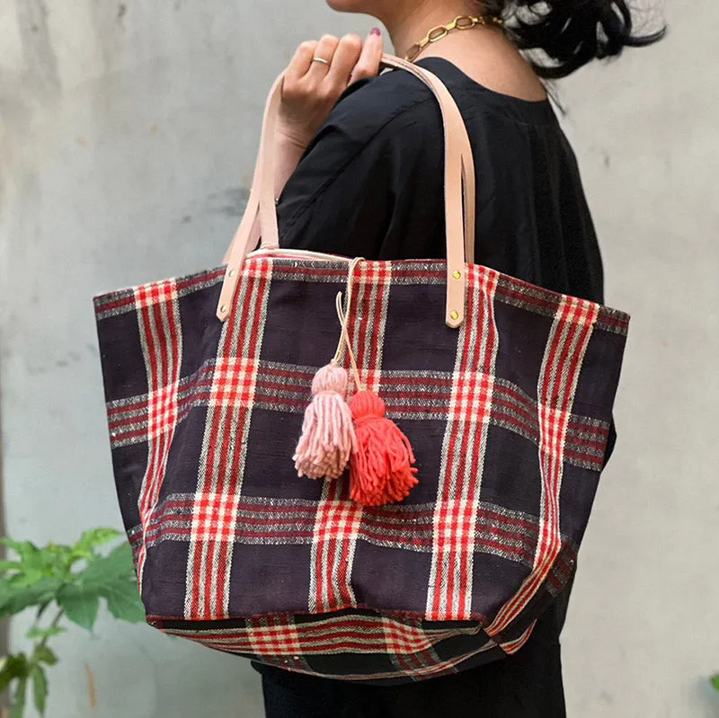 西班牙設計師/Woven Cotton Tote Bag - Red Plaid
