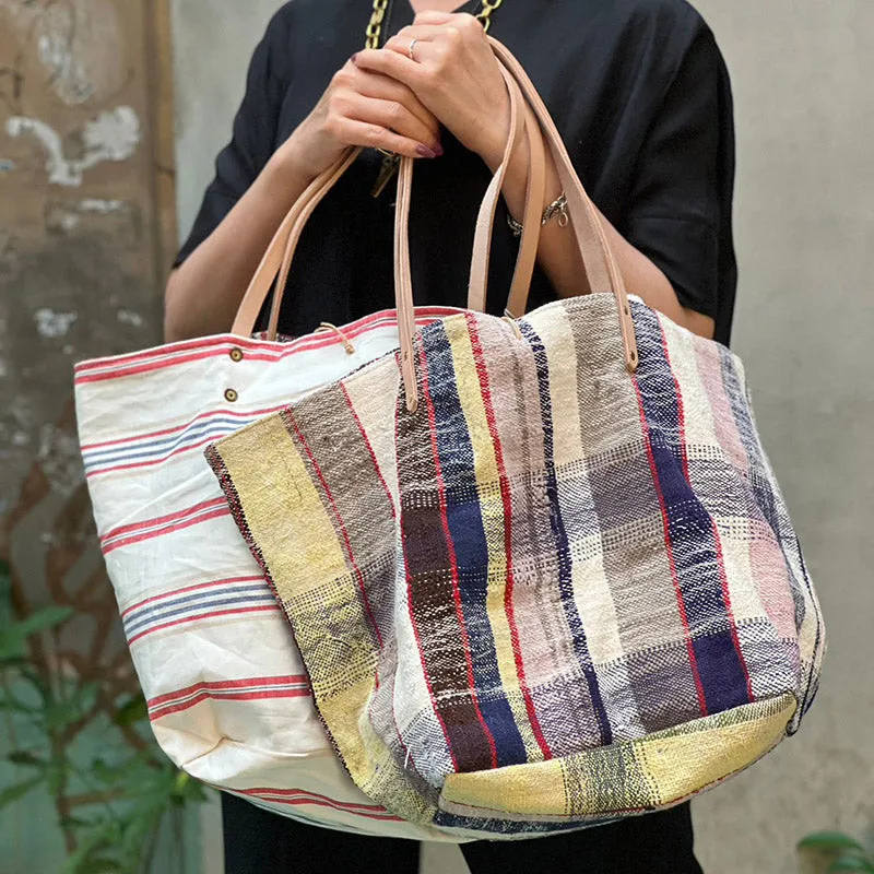 西班牙設計師/Woven Cotton Tote Bag - Red Plaid