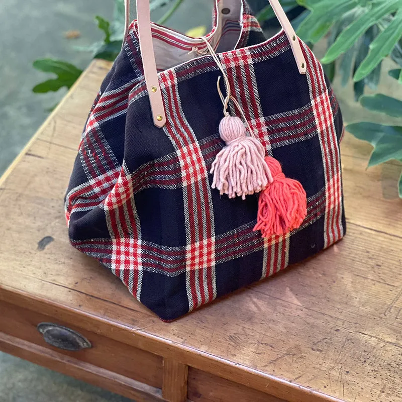 西班牙設計師/Woven Cotton Tote Bag - Red Plaid
