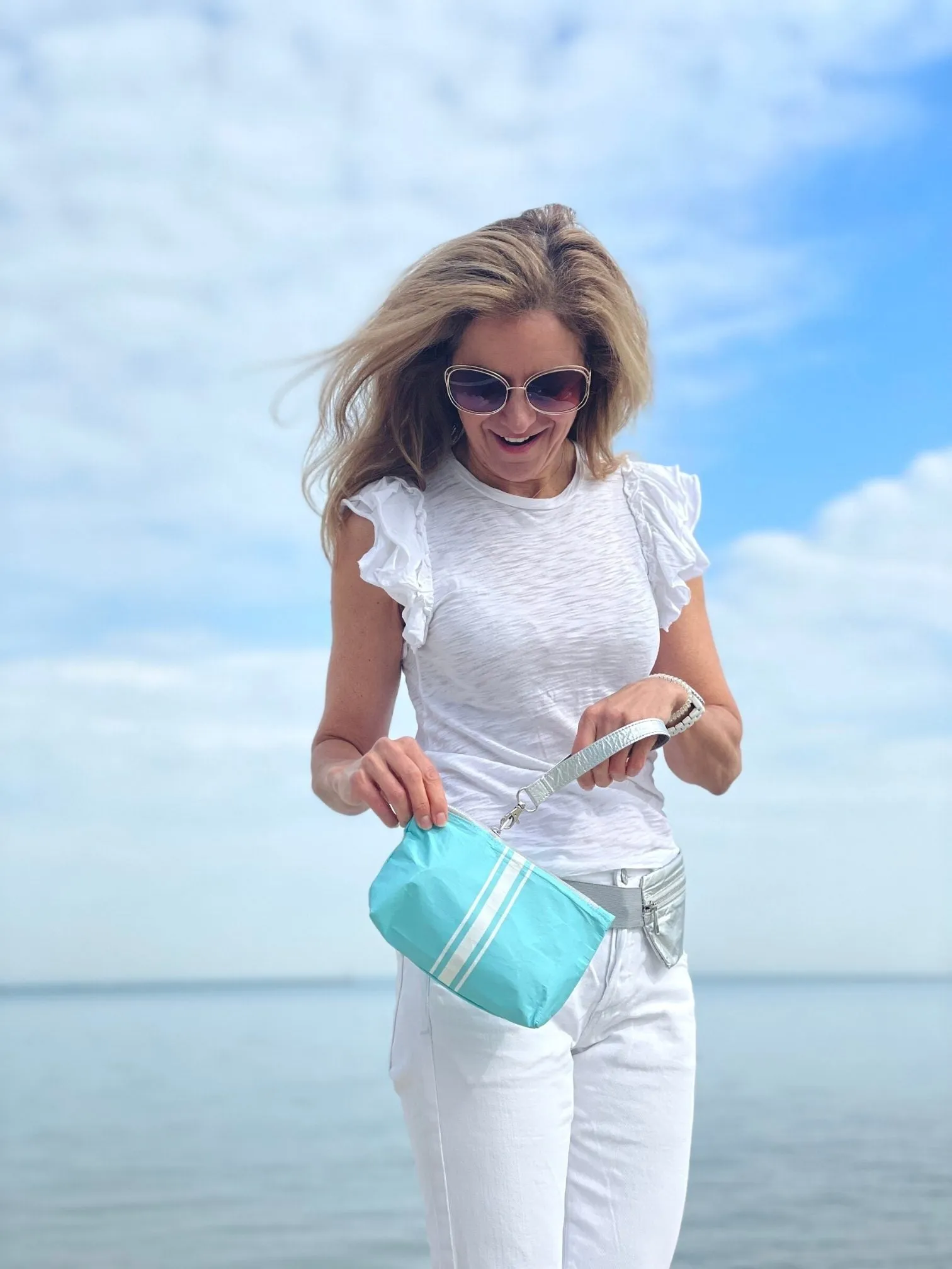 Zip Wristlet in Capri Sea Blue with White Stripes